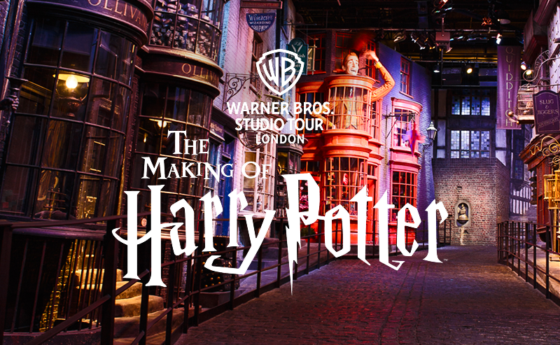 Colorful Diagon Alley film set at Warner Bros. Studio Tour London — The Making of Harry Potter experience with magical shopfronts and cobbled path.